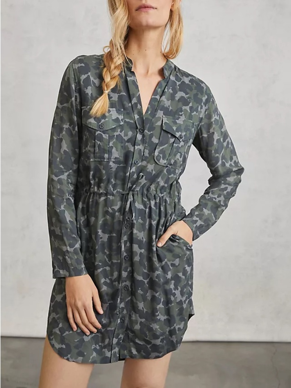 CLOTH & STONE Nina Green & Grey Camo Mini Shirt Dress w Long Sleeves